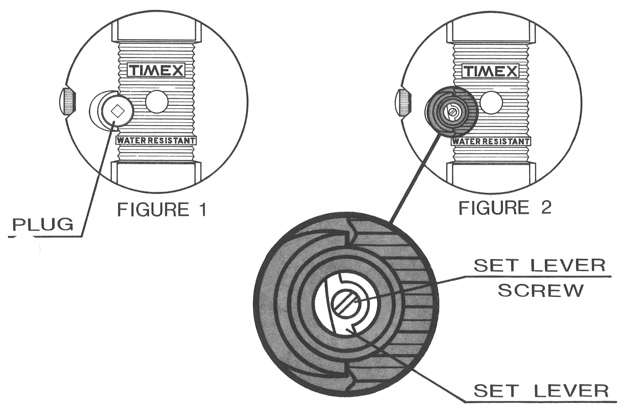 Fun-Timer case back: the plug and the set lever screw
