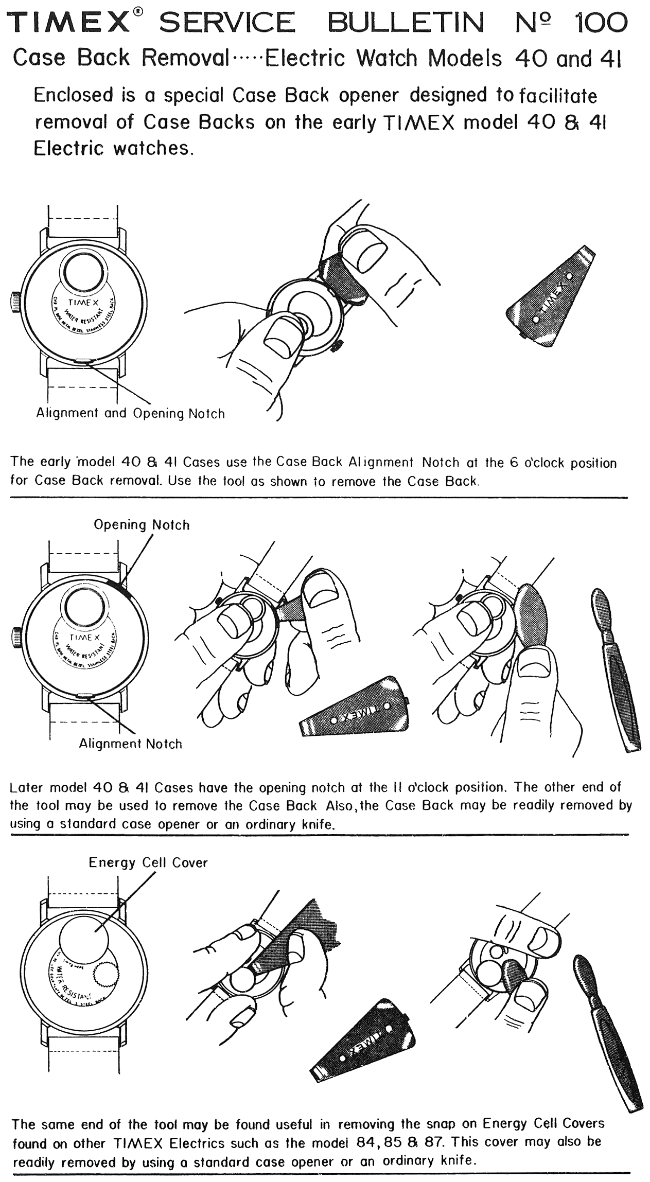 Timex Service Bulletin No. 100: removing the case back on Electric models 40 and 41