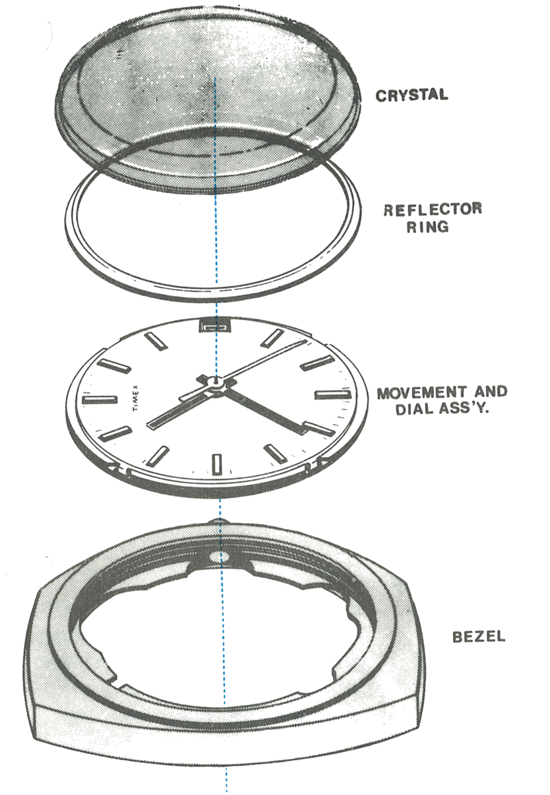 The crystal, reflector ring, movement and dial assembly, and bezel