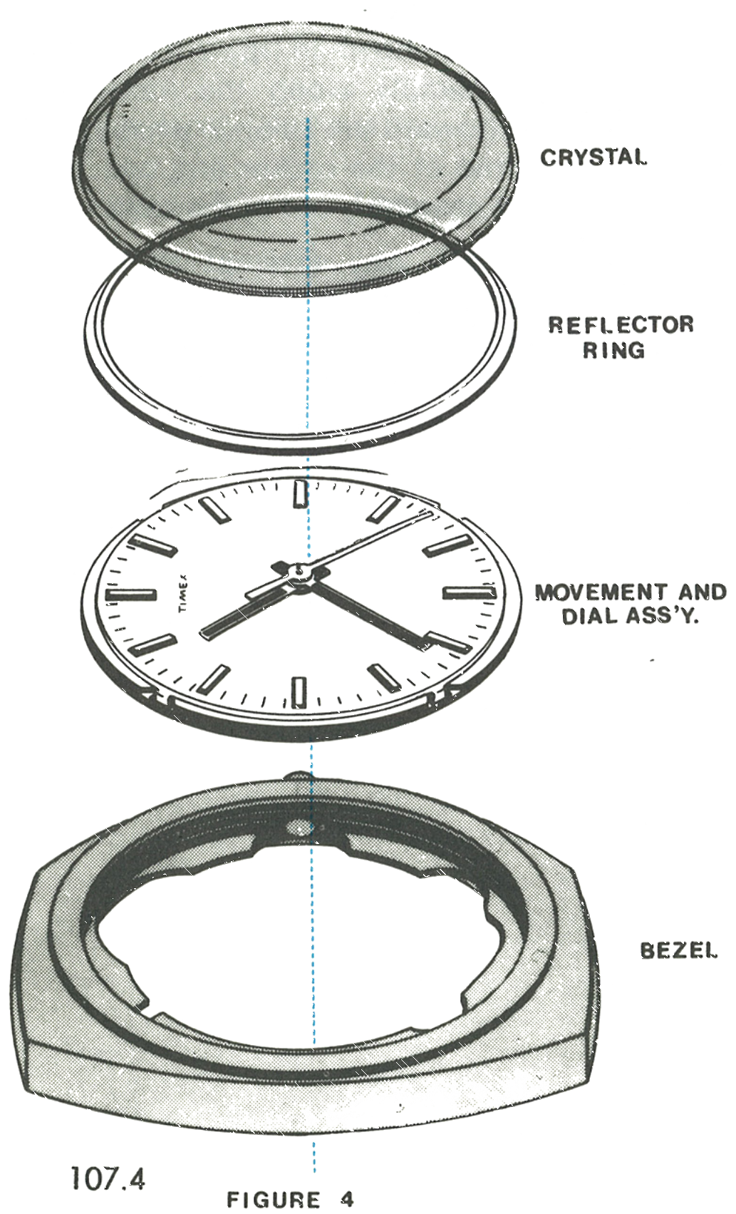 Crystal, reflector ring, movement and bezel