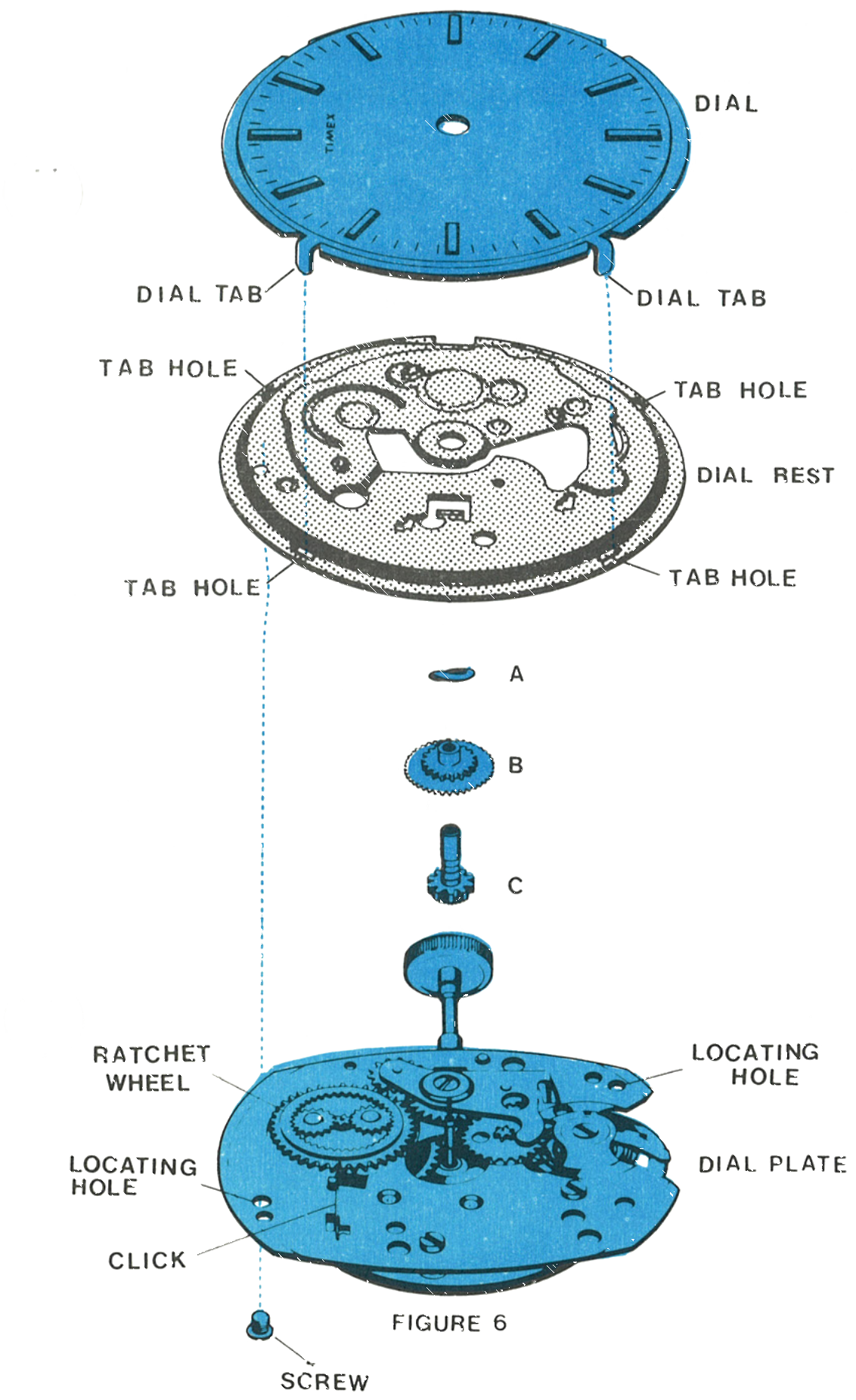 Dial, dial rest, ratchet wheel and dial plate