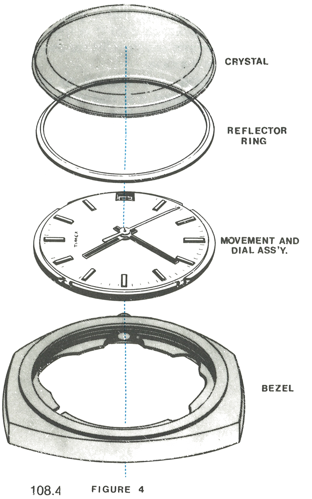 The crystal, reflector ring, movement and dial assembly, and bezel