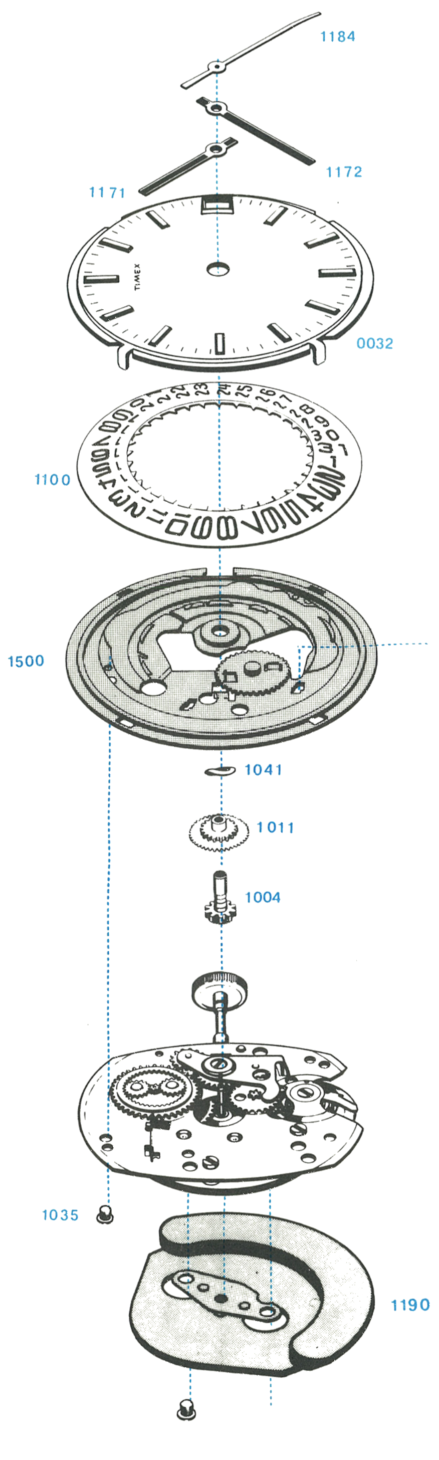 Model 108 movement, exploded view