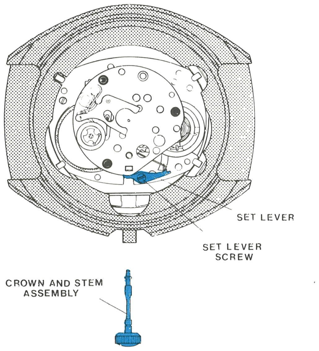The set lever, set lever screw and crown and stem assembly