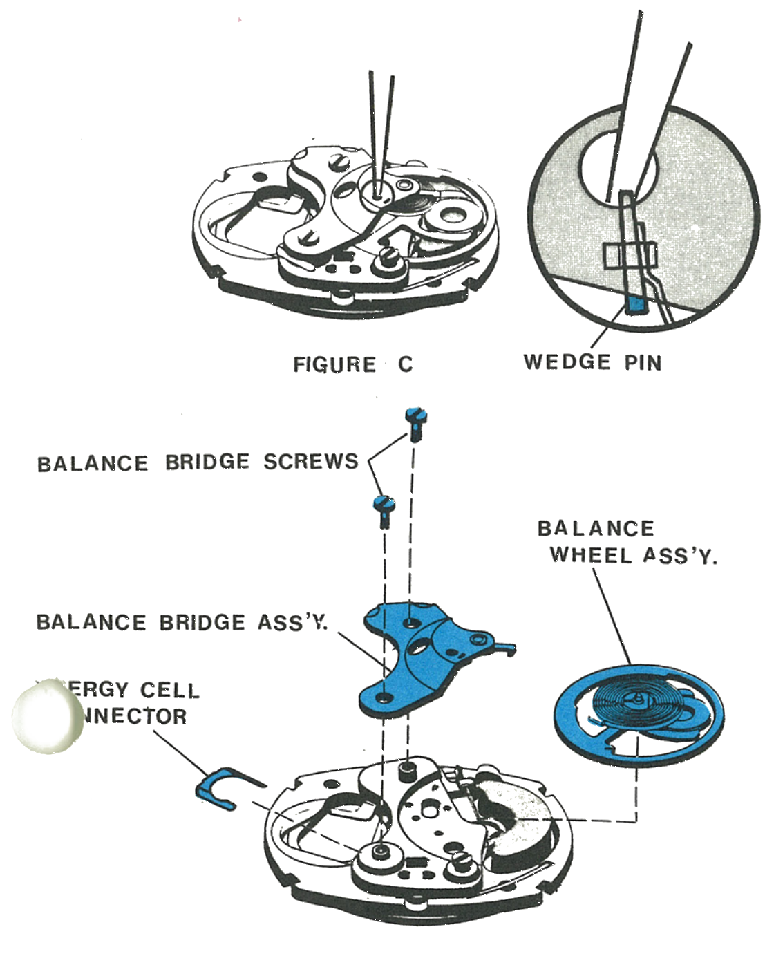 Wedge pin, balance bridge screws and balance wheel assembly