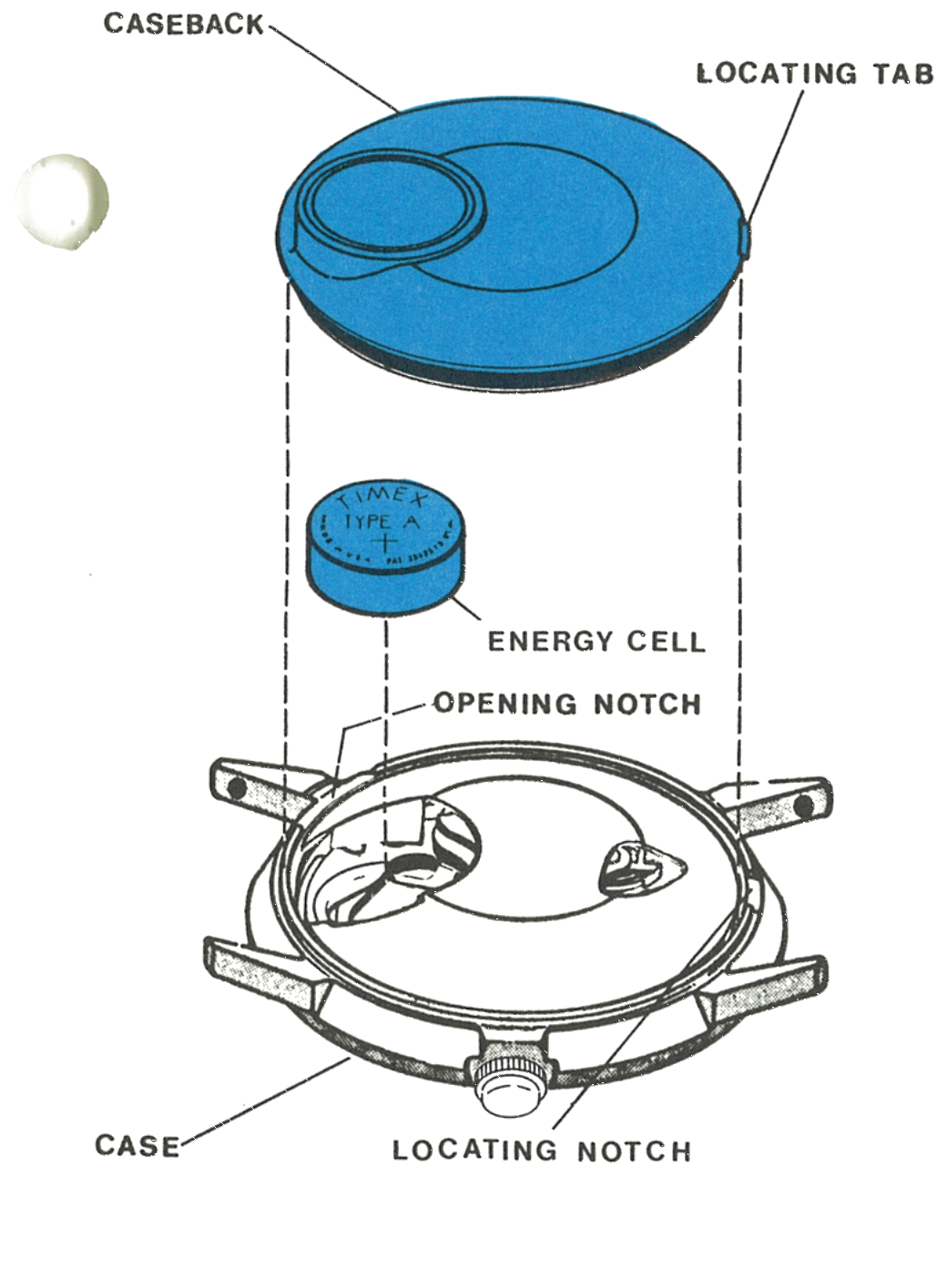 Caseback, locating tab, energy cell and bezel