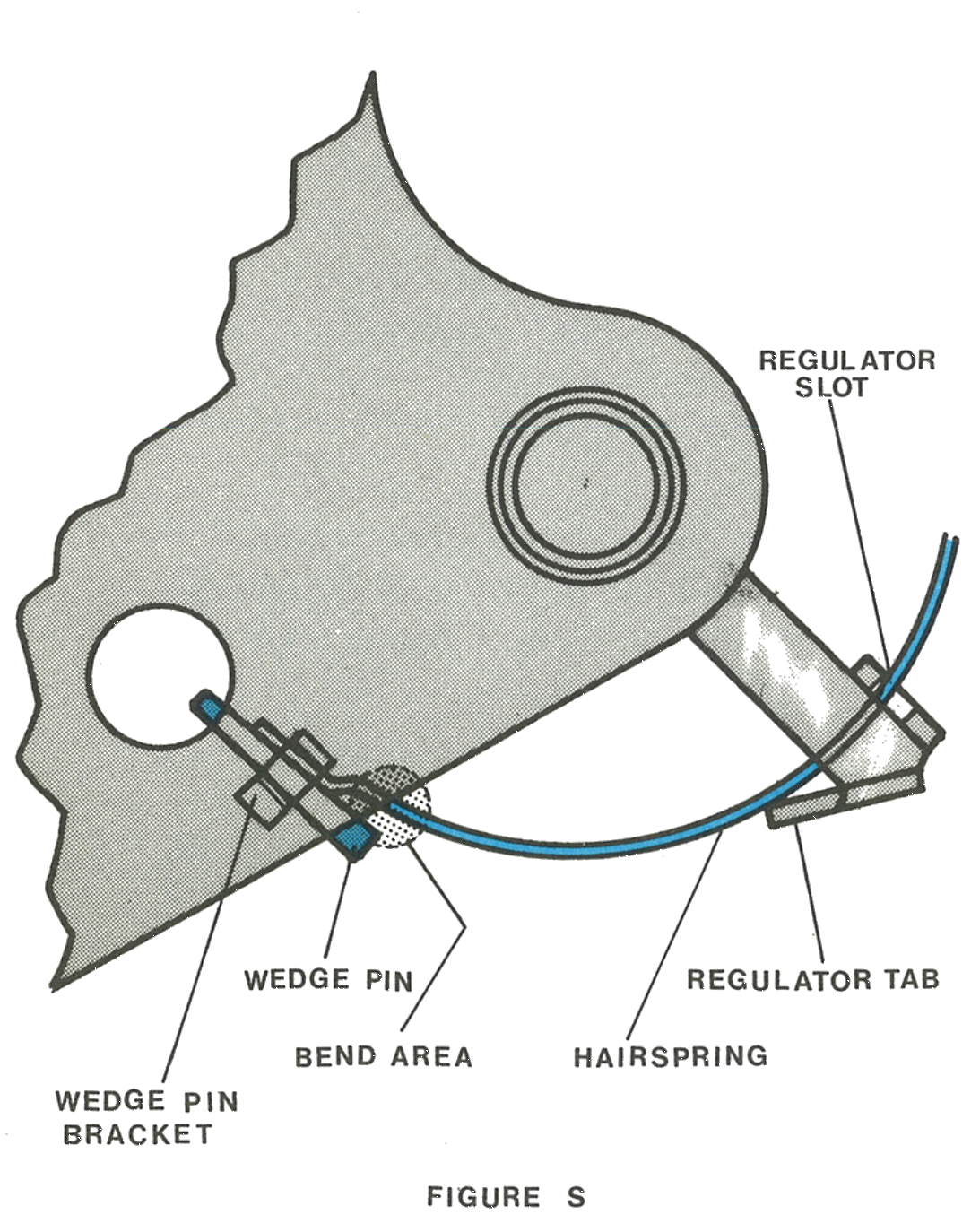 Regulator slot, regulator tab, hairspring and wedge pin