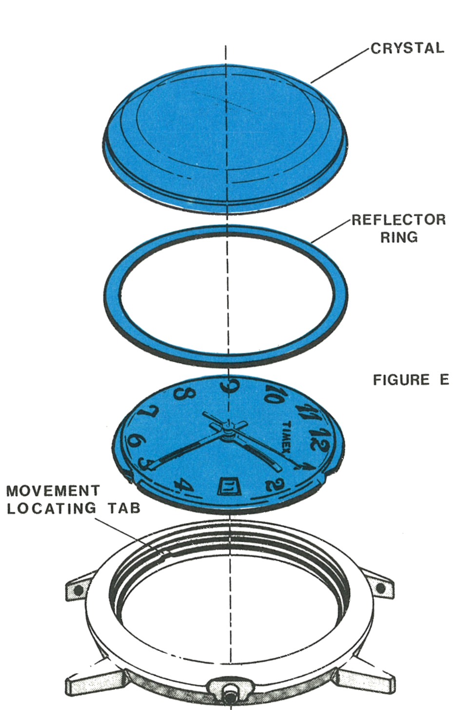The crystal, reflector ring, movement and dial assembly, and bezel