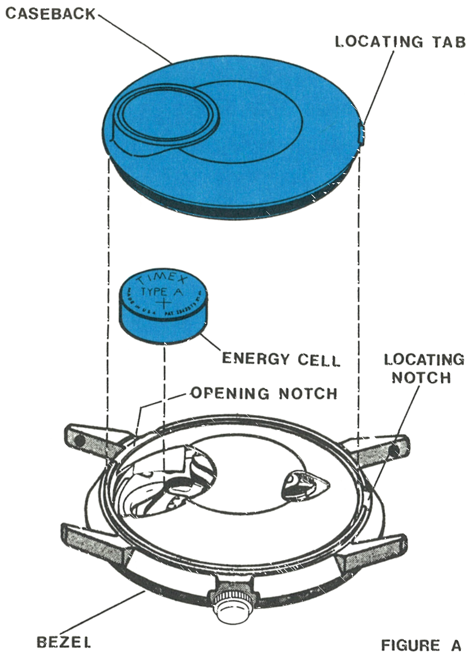 The caseback, locating tab, energy cell, opening notch and bezel