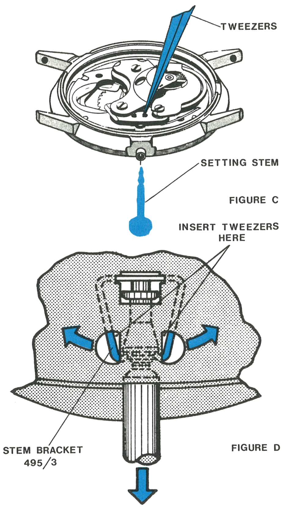 Inserting tweezers at the stem bracket to release the setting stem