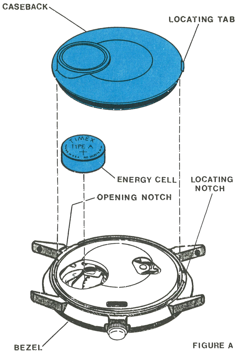 The caseback, locating tab, energy cell, opening notch and bezel