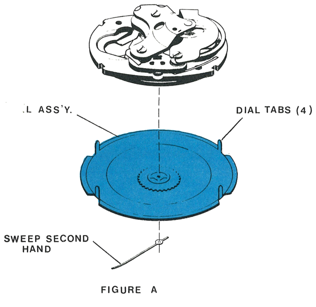 The dial assembly, four dial tabs and sweep second hand