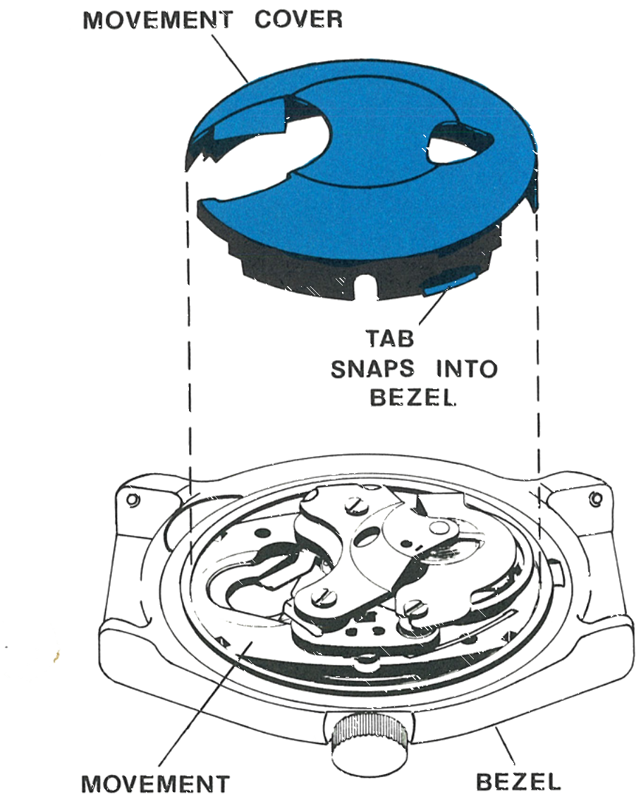 The movement cover, its tab and the movement in the bezel