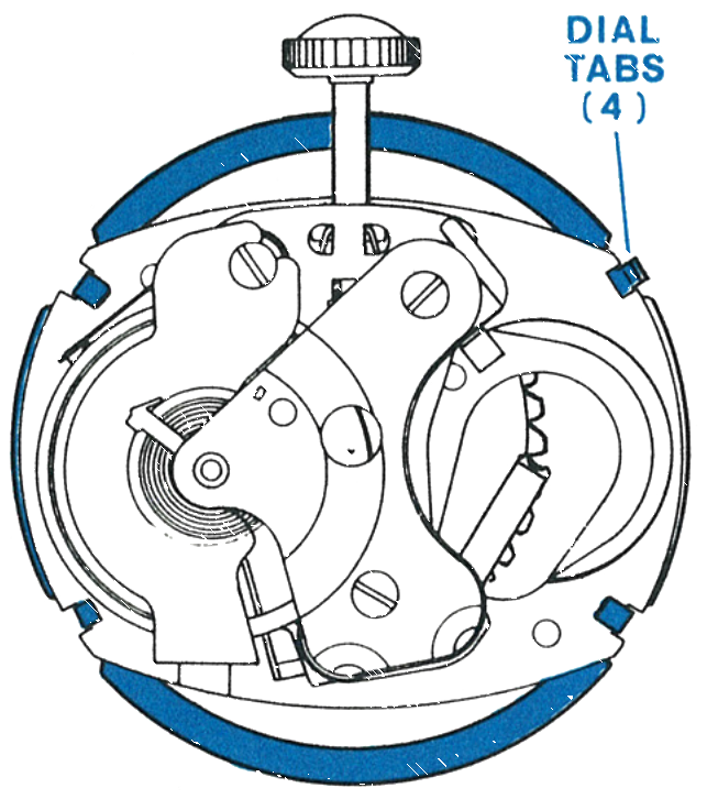 The four dial tabs on the movement