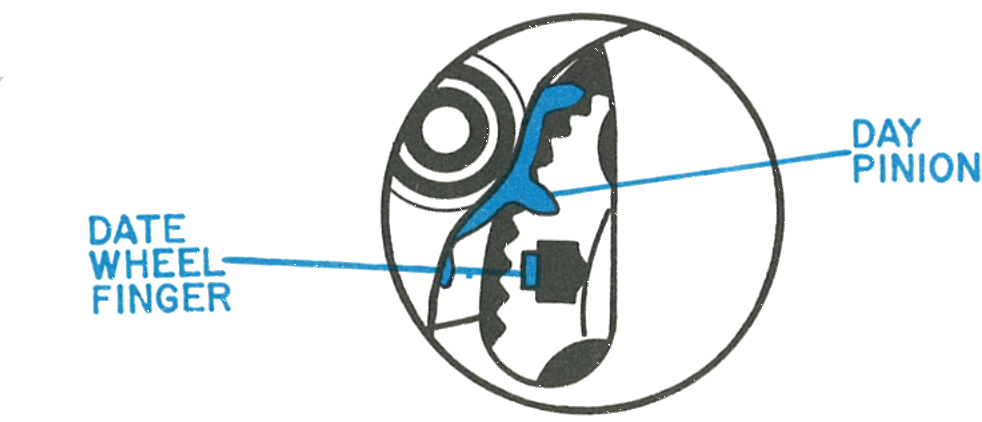 Detail of the date wheel finger and day pinion