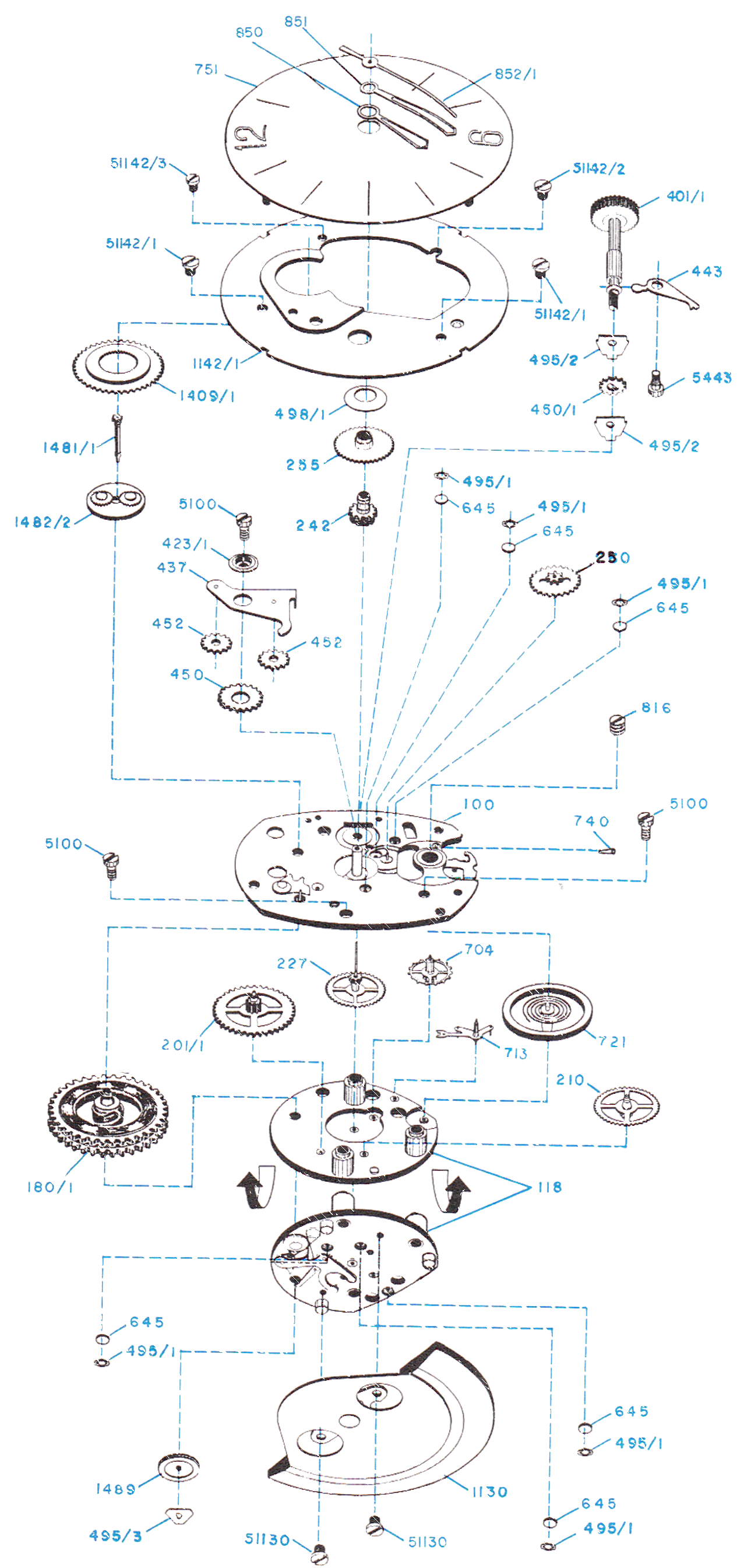 Model 74 movement, exploded view