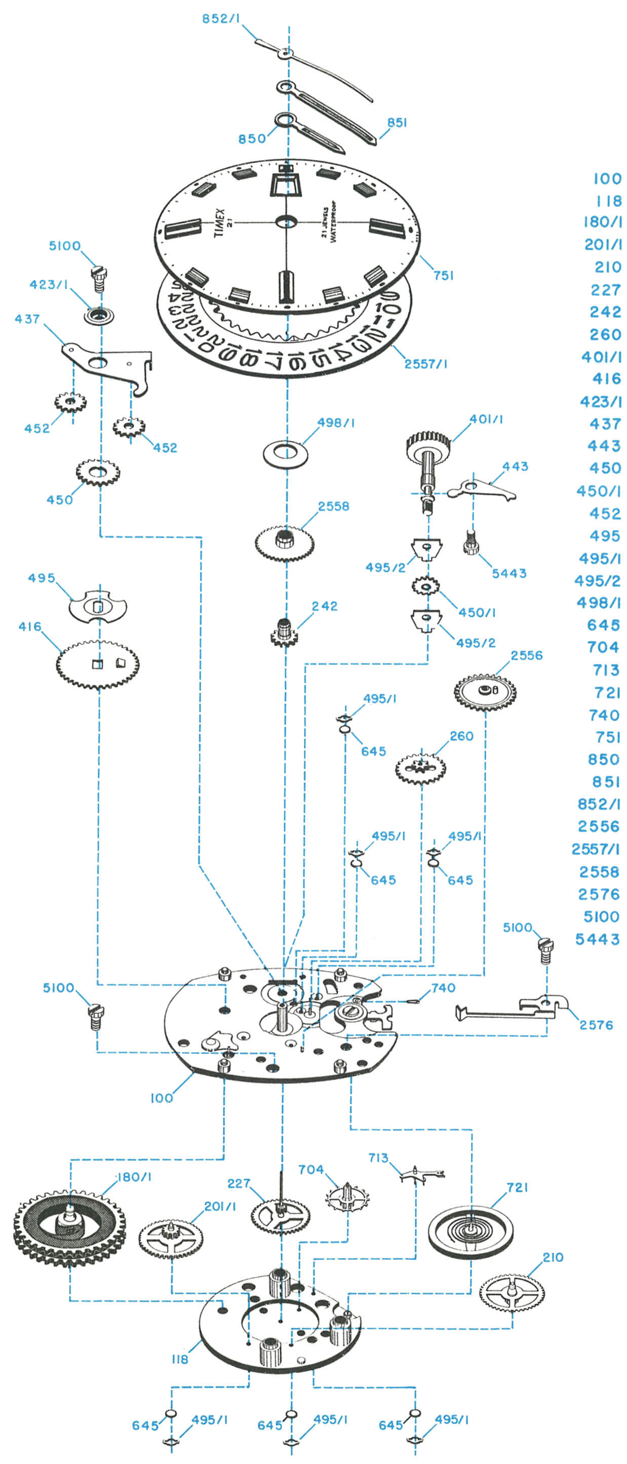 Model 75 movement, exploded view