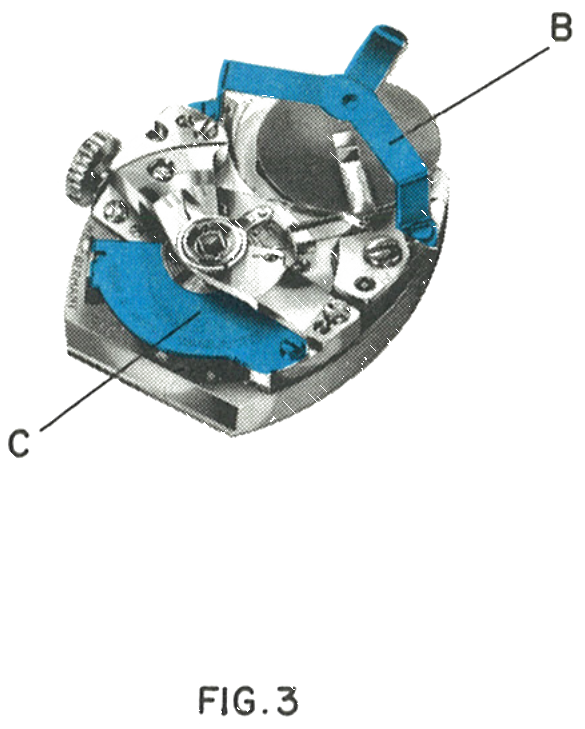 The movement with the dial plate, energy cell spring and shunt bridge marked