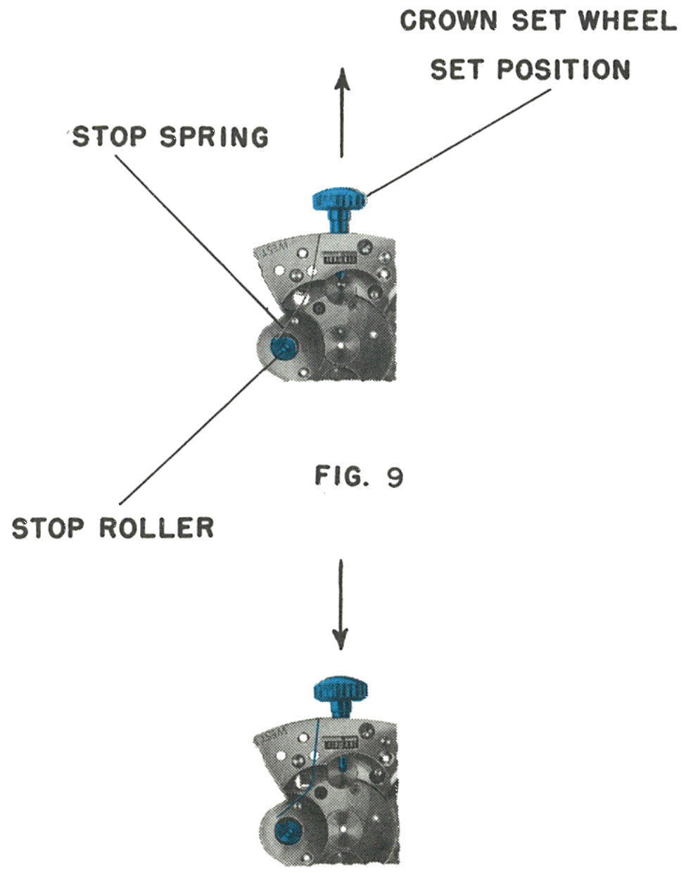 The stop spring and stop roller in the set and running positions