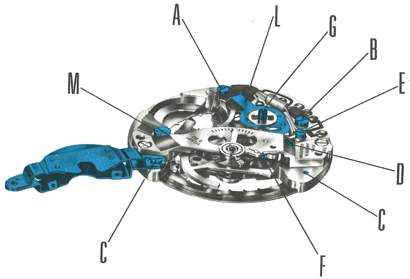 The Model 87 movement with the lettered screws and parts marked