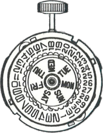 Timex M102, dial side, factory manual drawing