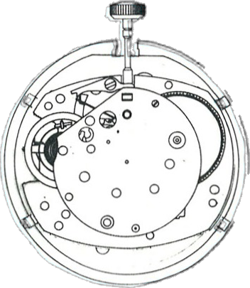 Timex M104, movement side, factory manual drawing