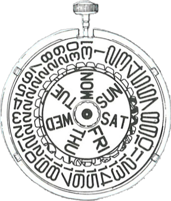 Timex M106, dial side, factory manual drawing