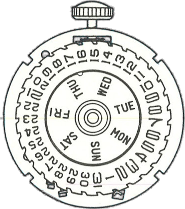 Timex M255, dial side, factory manual drawing