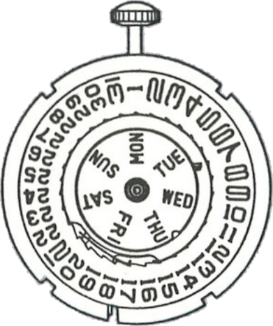 Timex M27, dial side, factory manual drawing