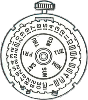 Timex M52, dial side, factory manual drawing