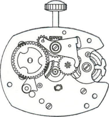 Timex M72, dial side, factory manual drawing