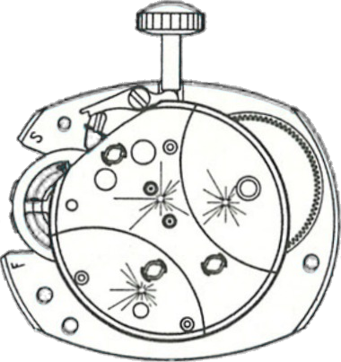 Timex M72, movement side, factory manual drawing